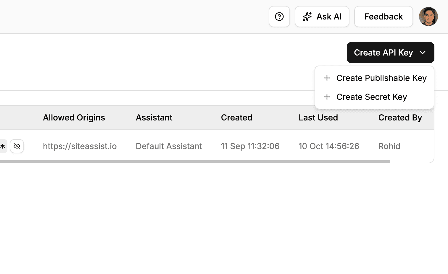 Create API Key Dropdown