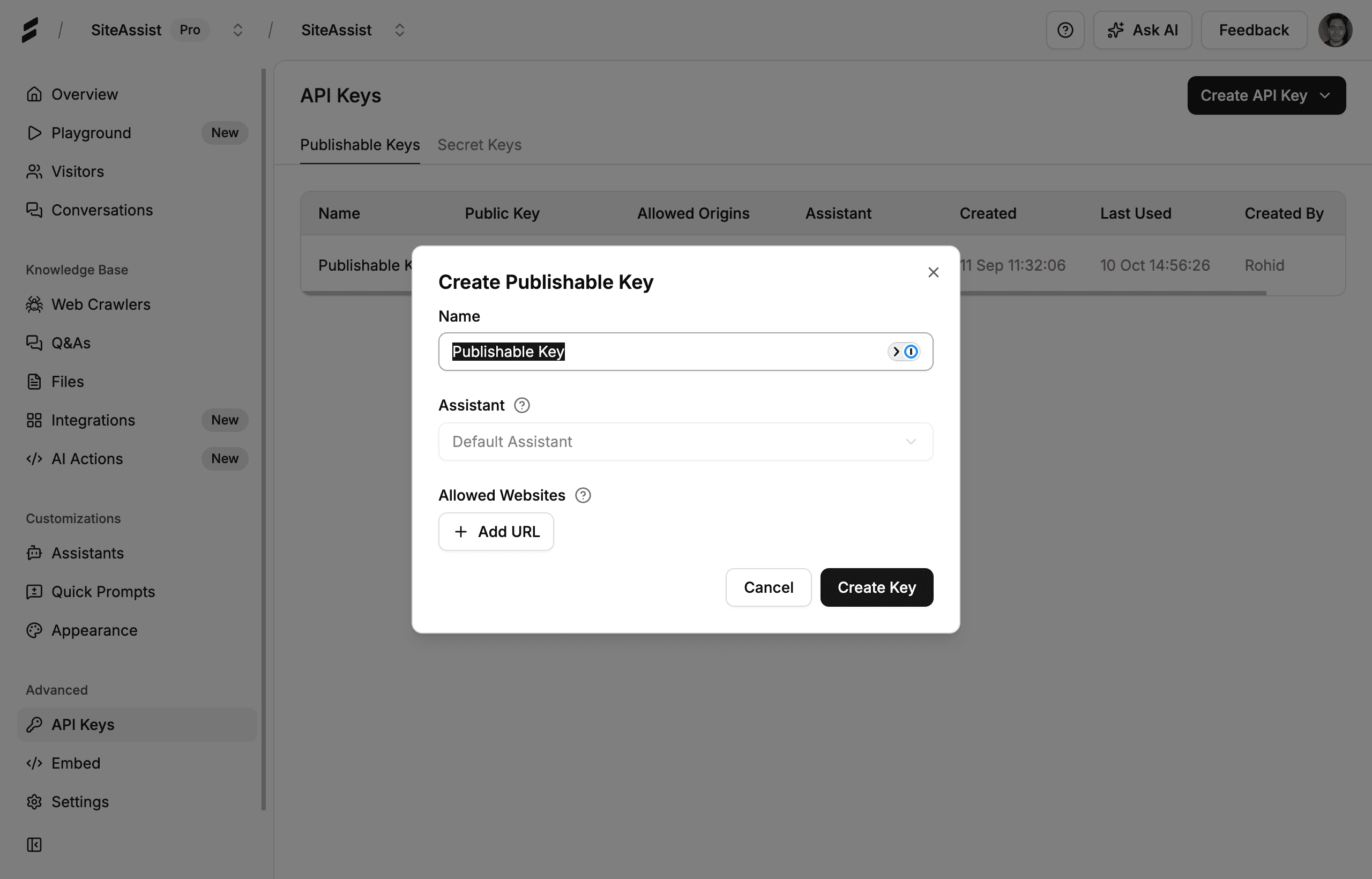 Create Publishable Key Modal