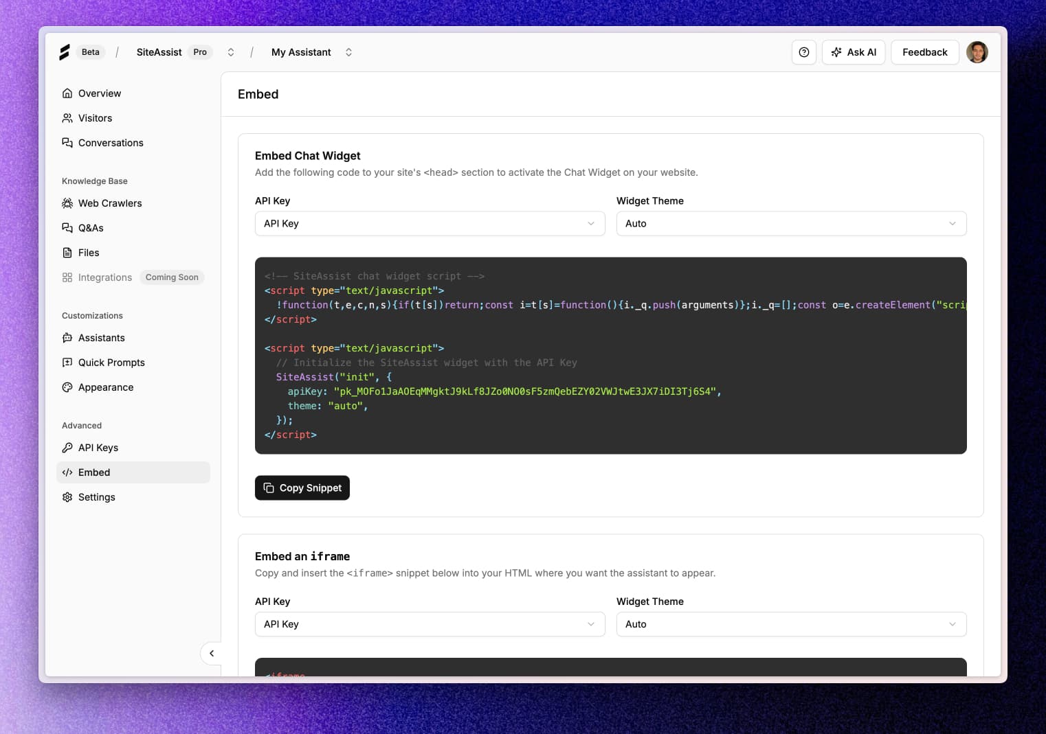 Screenshot showing the Embed page with the "Embed Chat Widget" card visible