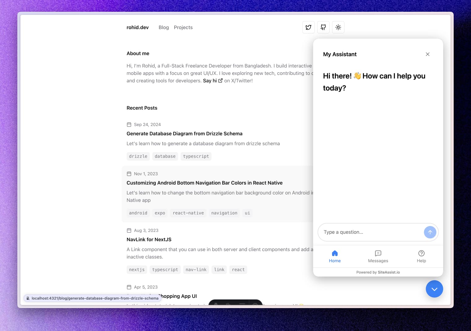 Screenshot showing a website with the SiteAssist chat bubble visible in the bottom right corner