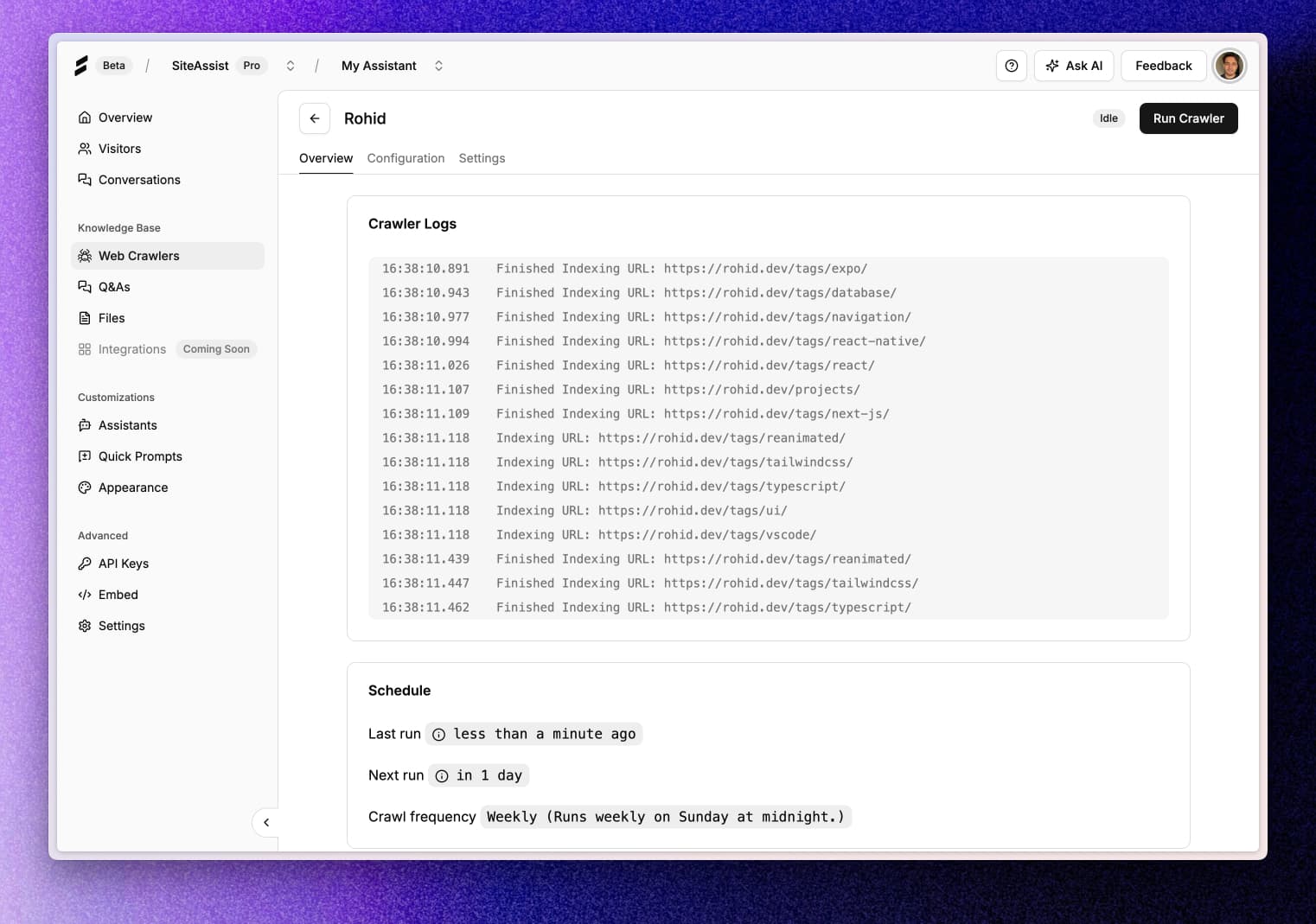 Live crawler logs when crawling