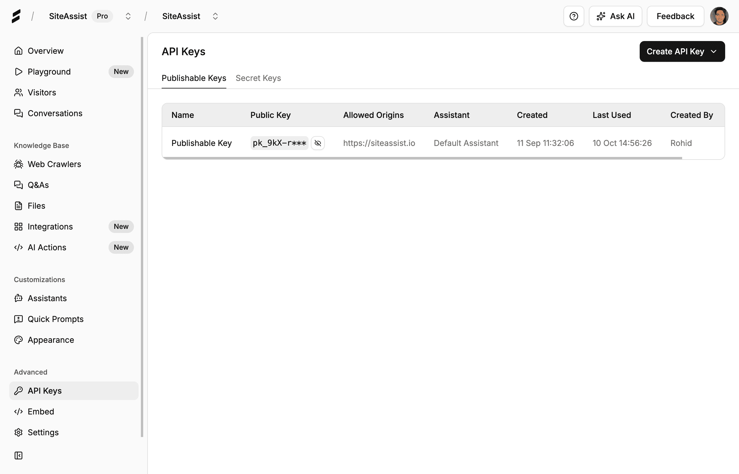 API Keys Dashboard