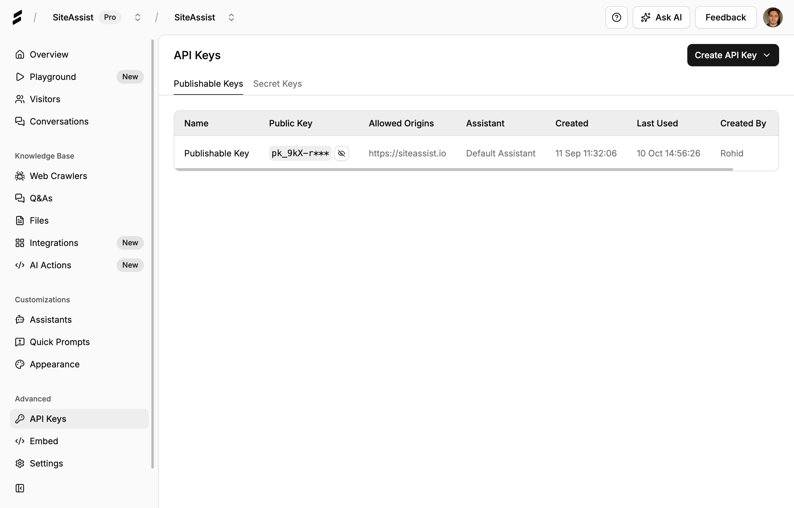 API Keys Dashboard