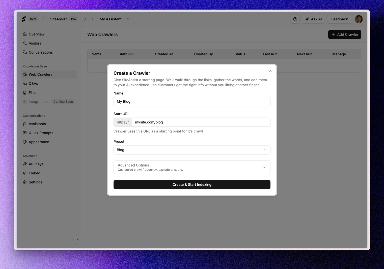 Screenshot showing the Create Crawler modal with filled form fields (Name, Start URL, and Preset selection)