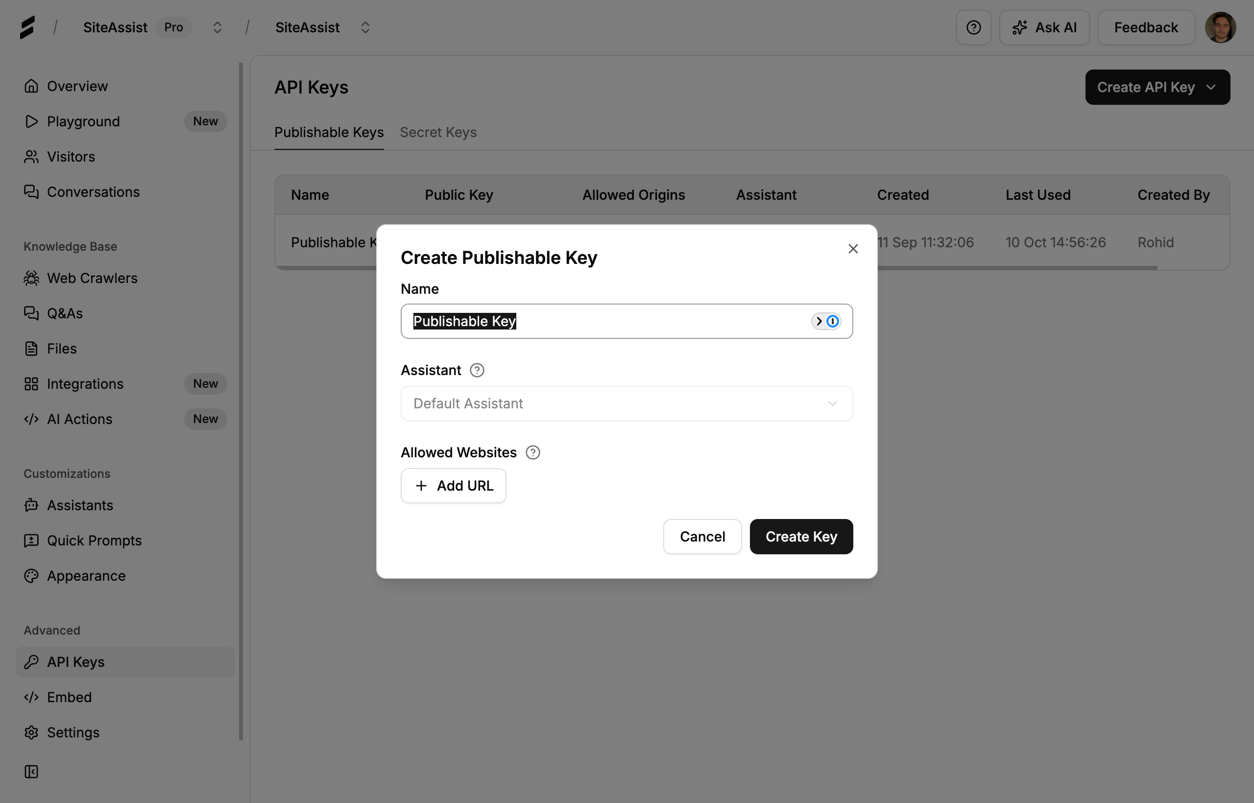 Create Publishable Key Modal
